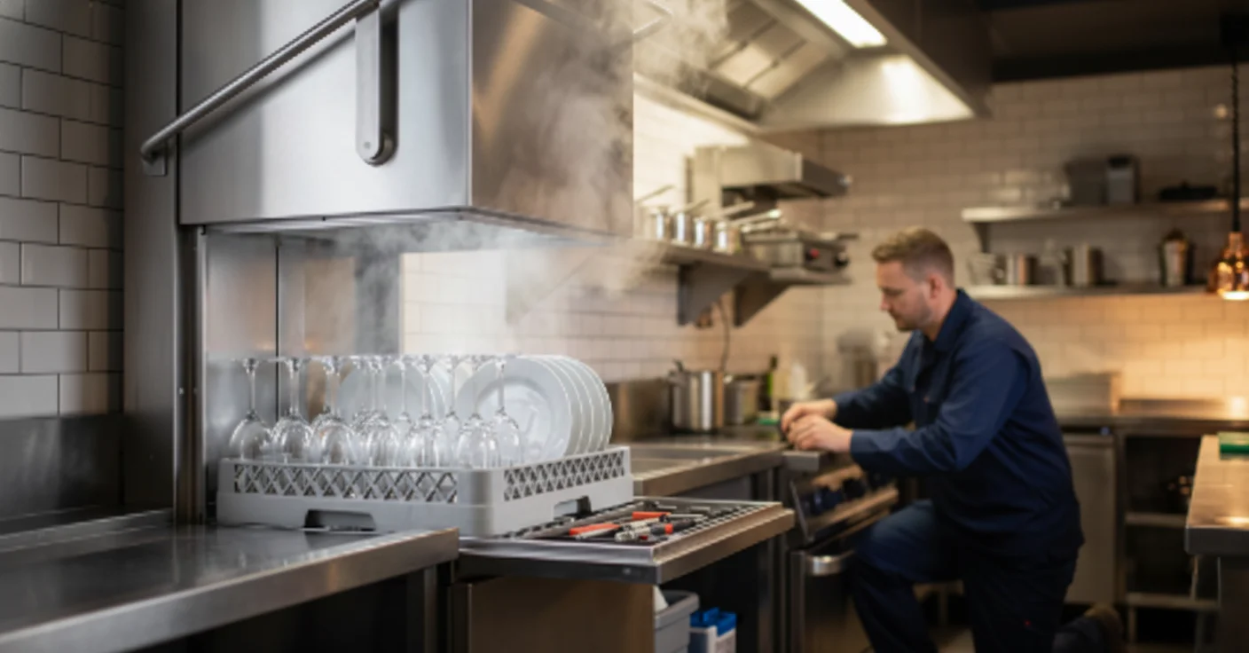 Technician repairing an oven in a kitchen